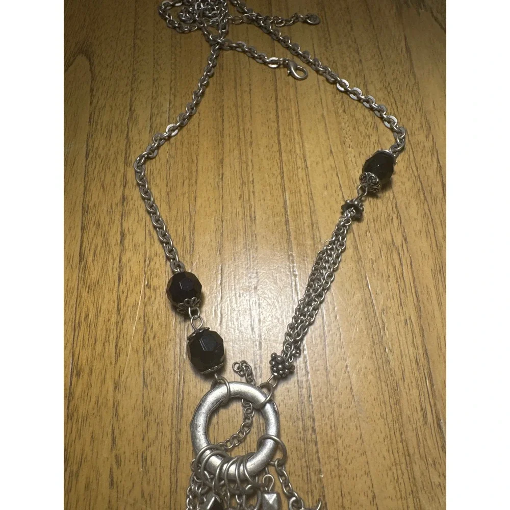 NENA Silver Tone Owl Charm Necklace Black Beads Faux Pearl Boho Tassel 22in